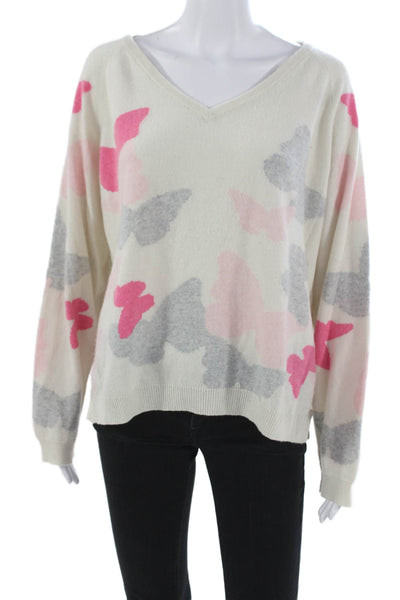 Jumper Women Cashmere White V Neck Butterfly Print Long Sleeve Sweater Size 3
