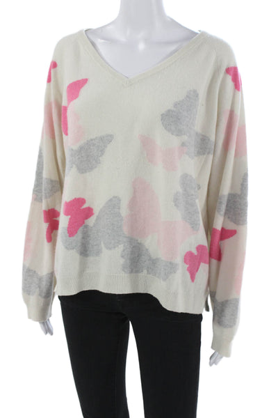 Jumper Women Cashmere White V Neck Butterfly Print Long Sleeve Sweater Size 3