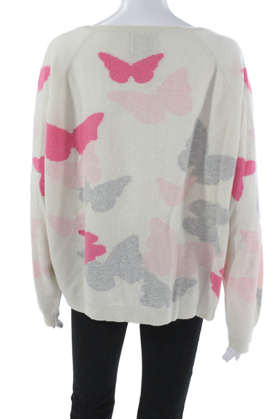 Jumper Women Cashmere White V Neck Butterfly Print Long Sleeve Sweater Size 3