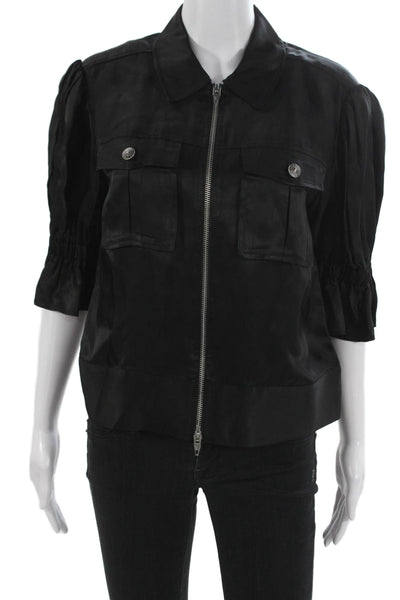 Cinq A Sept Womens Blouse Black Cupro Collared Short Sleeve Size S