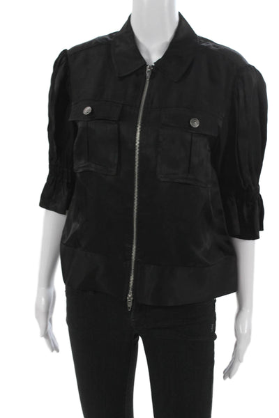 Cinq A Sept Womens Blouse Black Cupro Collared Short Sleeve Size S