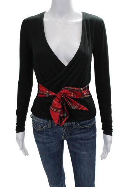 J Crew Womens Black Plaid Modal V Neck Long Sleeve Top Size 2XS