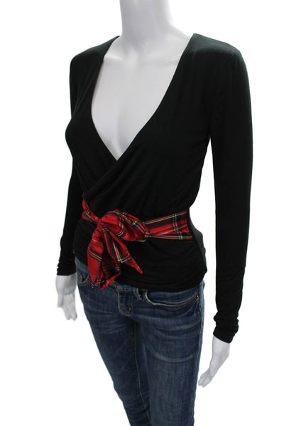 J Crew Womens Black Plaid Modal V Neck Long Sleeve Top Size 2XS