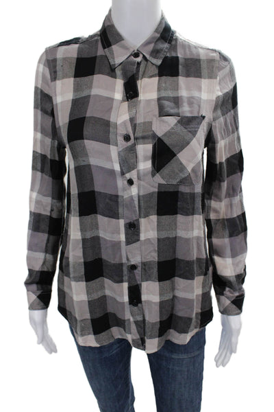 Beach Lunch Lounge Womens Black Plaid Collared Button Top Long Sleeve Size XS