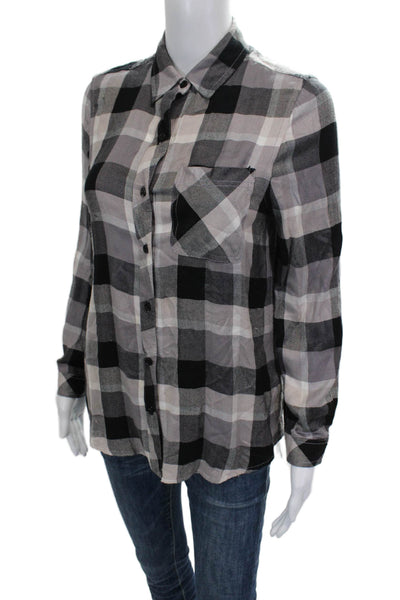 Beach Lunch Lounge Womens Black Plaid Collared Button Top Long Sleeve Size XS