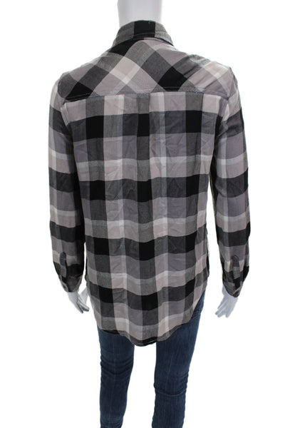 Beach Lunch Lounge Womens Black Plaid Collared Button Top Long Sleeve Size XS