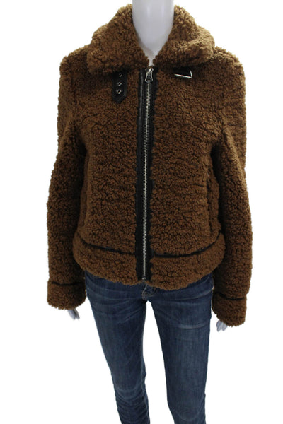 Stand Studio Women Brown Collared Solid Long Sleeve Polyester Coat Size 36
