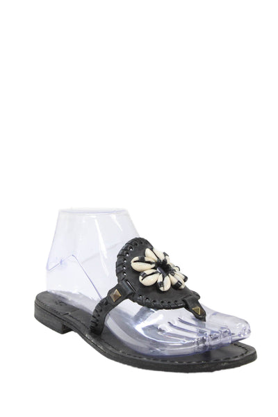 Jack Rogers Womens Georgica Leather Thong Slip-On Sandals Black Size 6.5