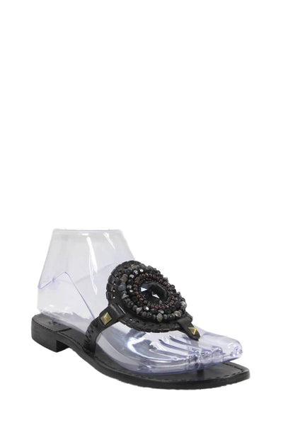 Jack Rogers Womens Gisele Leather Beaded Medallion Sandals Black Size 6.5