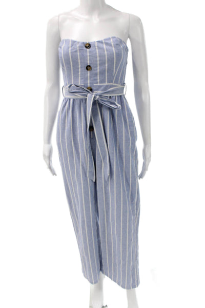 Lulus Womens Striped Off Shoulder Cotton Jumpsuit Sleeveless Blue Size XS