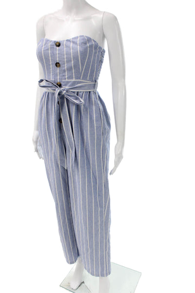 Lulus Womens Striped Off Shoulder Cotton Jumpsuit Sleeveless Blue Size XS