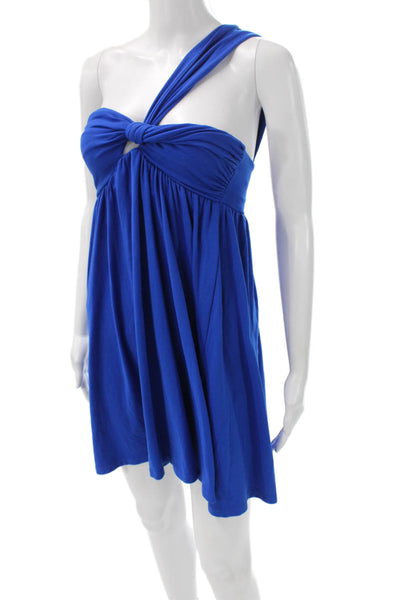 Susana Monaco Women One Shoulder Blue Mini Dress Nylon Sleeveless Solid Size S