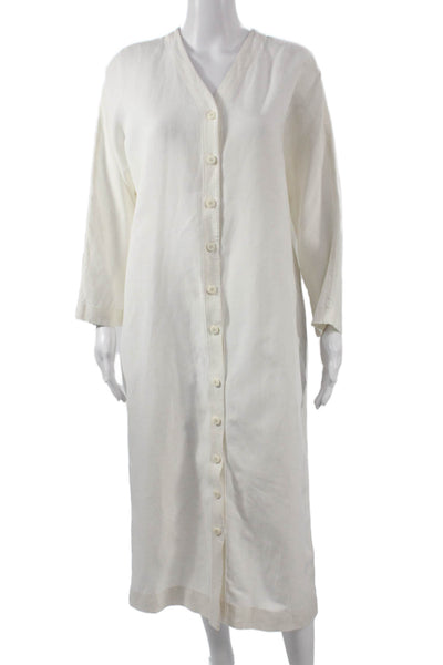 Bouguessa Women White Linen V Neck Long Sleeve Midi Dress Size S