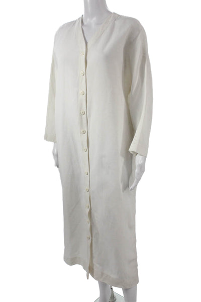Bouguessa Women White Linen V Neck Long Sleeve Midi Dress Size S