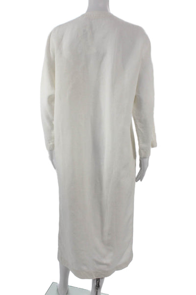 Bouguessa Women White Linen V Neck Long Sleeve Midi Dress Size S