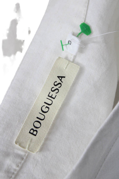 Bouguessa Women White Linen V Neck Long Sleeve Midi Dress Size S