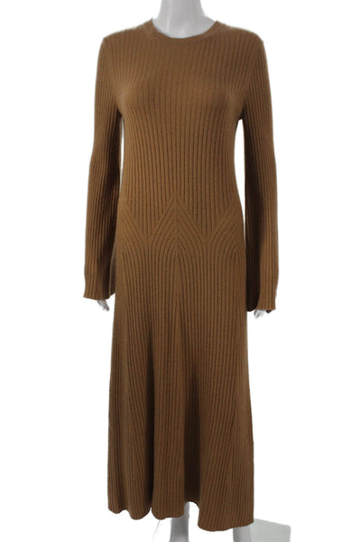 Loulou Studio Women Brown Wool Midi Crewneck Long Sleeve Dress Size S
