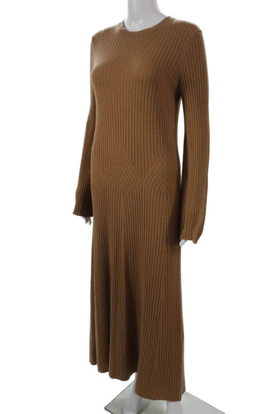 Loulou Studio Women Brown Wool Midi Crewneck Long Sleeve Dress Size S
