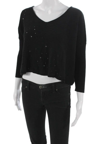 Cotton By Autumn Cashmere Womens Black Knit Top Round Neck Long Sleeve Size S