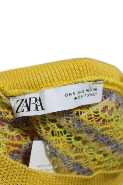 Zara Women Knit Top Striped Round Neck Long Sleeve Yellow Polyester Size S