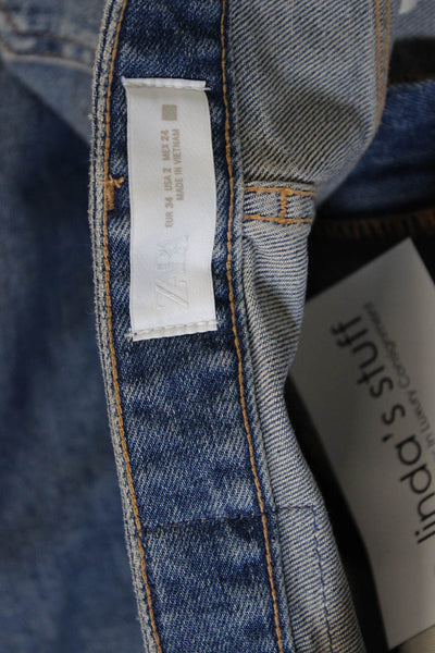 Zara Women Straight High Rise Jeans Blue Cotton Blend Button Size 2
