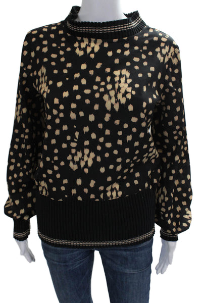 French Connection Women Black Animal Print Mock Neck Long Sleeve Blouse Size XS