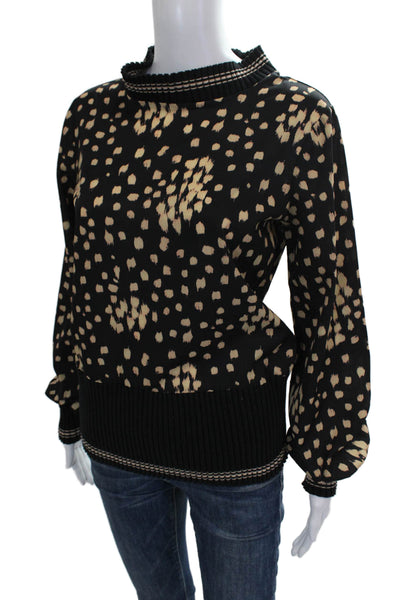French Connection Women Black Animal Print Mock Neck Long Sleeve Blouse Size XS