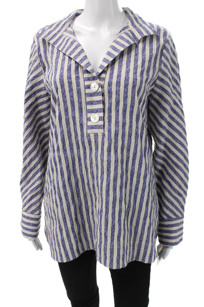 J Envie Women Tunic Blouse Collared Striped Blue Long Sleeve 32% Cotton Size 12