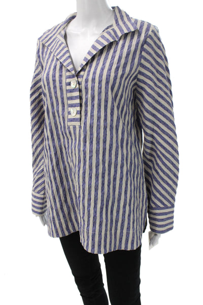 J Envie Women Tunic Blouse Collared Striped Blue Long Sleeve 32% Cotton Size 12