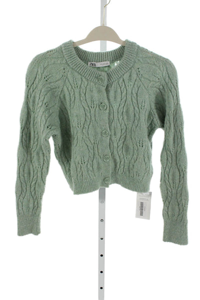 Zara Women Cardigan Solid Green Long Sleeve Round Neck Size S