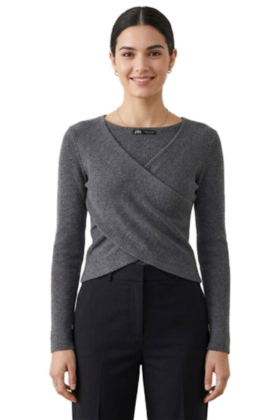 Zara Womens Basic Gray V-Neck Long Sleeve Blouse Size S