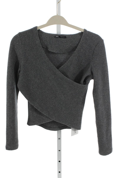 Zara Womens Basic Gray V-Neck Long Sleeve Blouse Size S