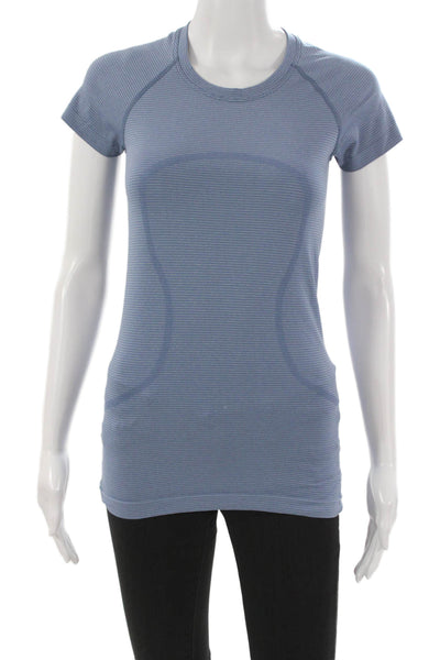 Lululemon Womens Striped Blue Nylon Crew Neck Pullover Short Sleeve Size 4