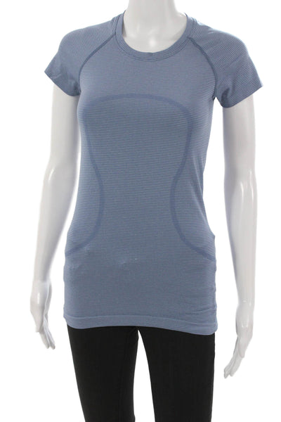 Lululemon Womens Striped Blue Nylon Crew Neck Pullover Short Sleeve Size 4