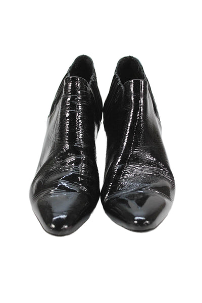 Prada Womens Slip On Cone Heel Pointed Toe Patent Leather Booties Black Size 39