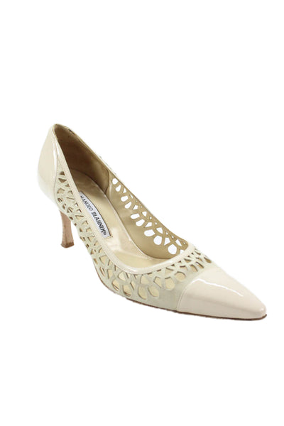 Manolo Blahnik Womens Stiletto Laser Cut Suede Patent Leather Pumps Beige 39.5