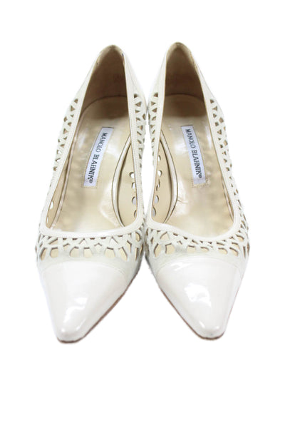 Manolo Blahnik Womens Stiletto Laser Cut Suede Patent Leather Pumps Beige 39.5