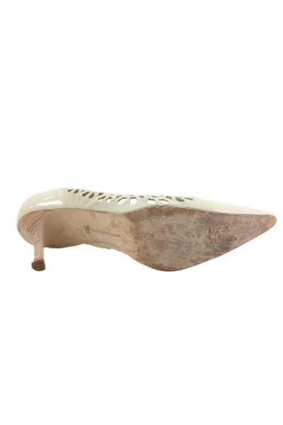 Manolo Blahnik Womens Stiletto Laser Cut Suede Patent Leather Pumps Beige 39.5