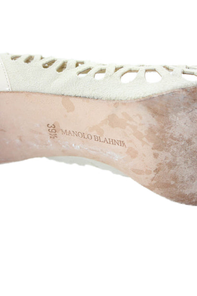Manolo Blahnik Womens Stiletto Laser Cut Suede Patent Leather Pumps Beige 39.5