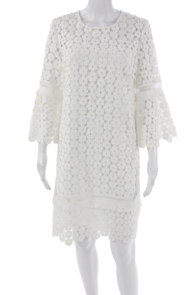 Lela Rose Women Shift Dress White Floral Round Neck 3/4 Sleeve Knee Size 8