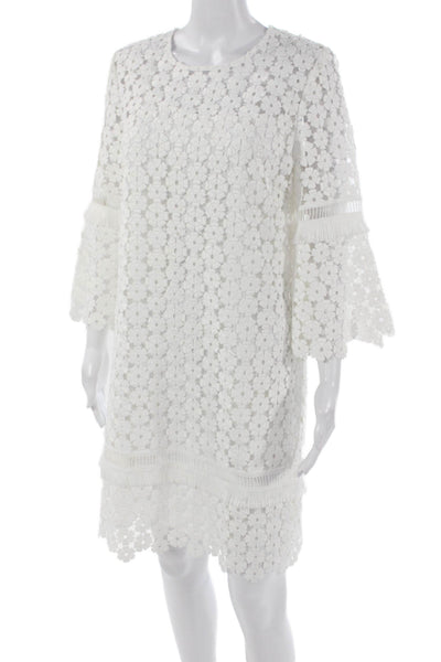 Lela Rose Women Shift Dress White Floral Round Neck 3/4 Sleeve Knee Size 8