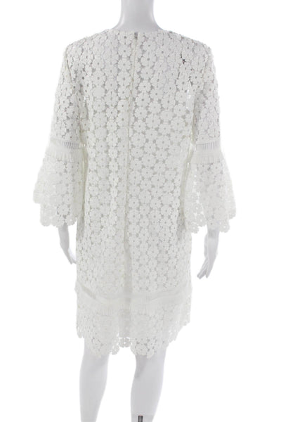 Lela Rose Women Shift Dress White Floral Round Neck 3/4 Sleeve Knee Size 8