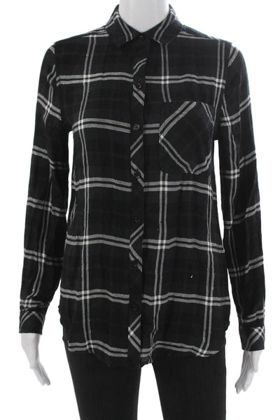 Beach Lunch Lounge Womens Black Plaid Collared Long Sleeve Button Up Size XS