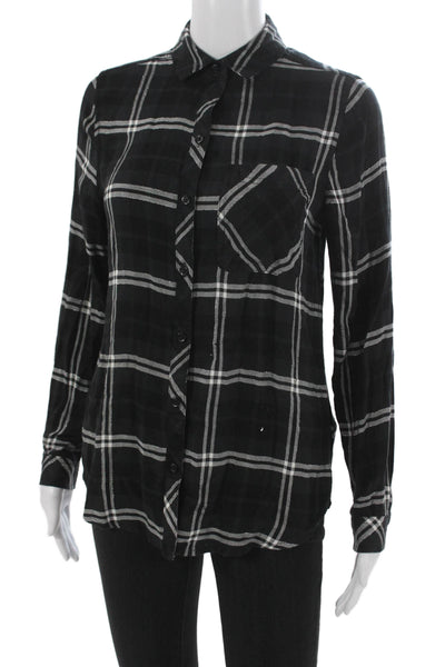 Beach Lunch Lounge Womens Black Plaid Collared Long Sleeve Button Up Size XS