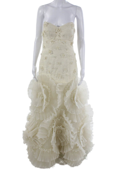 Sue Wong Womens Floral Applique Strapless Mermaid Wedding Dress Cream Size 6