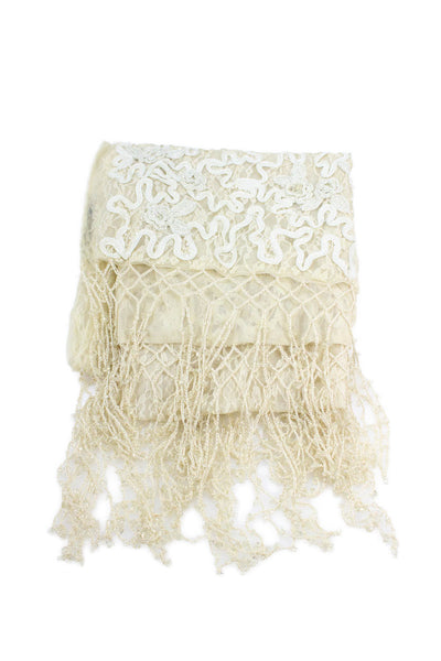 Sue Wong Womens Beaded Fringe Lace Floral Wrap Shawl Cream Size 80" x 18"