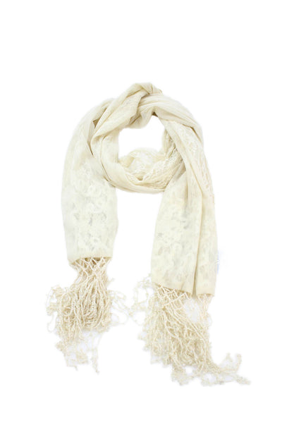 Sue Wong Womens Beaded Fringe Lace Floral Wrap Shawl Cream Size 80" x 18"