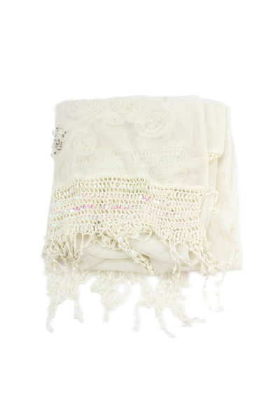 Sue Wong Womens Beaded Fringe Lace Floral Wrap Shawl Cream Size 80" x 18"