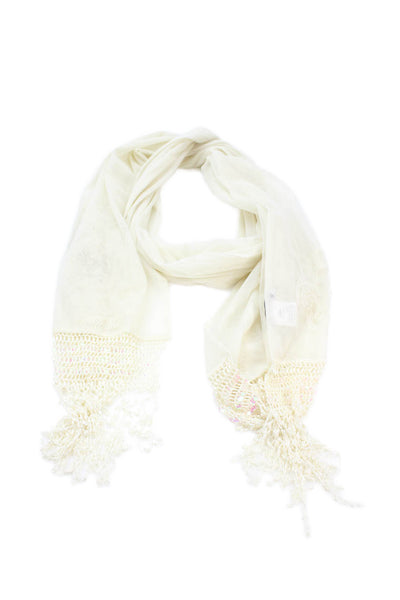 Sue Wong Womens Beaded Fringe Lace Floral Wrap Shawl Cream Size 80" x 18"