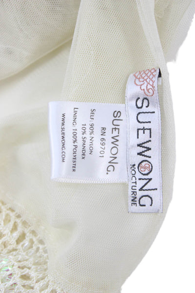 Sue Wong Womens Beaded Fringe Lace Floral Wrap Shawl Cream Size 80" x 18"